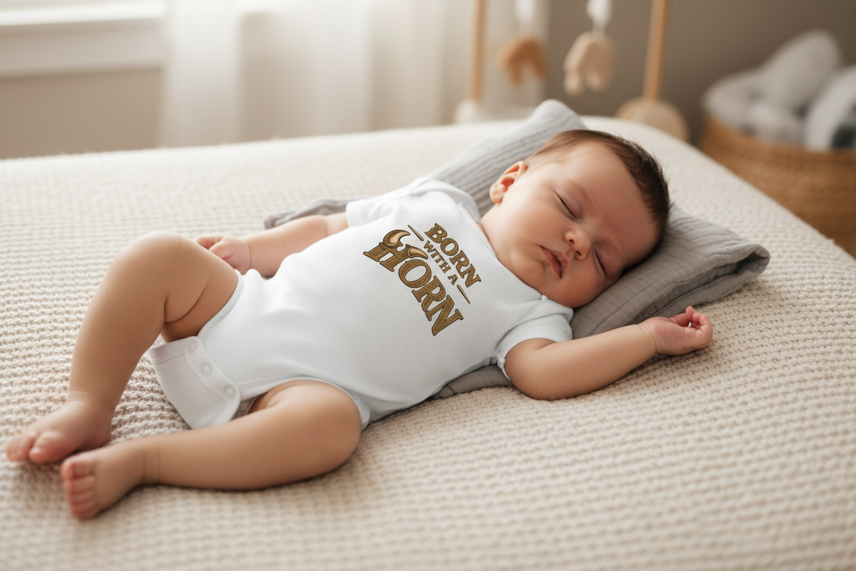Baby sleeping on a bed wearing a white onesie with text