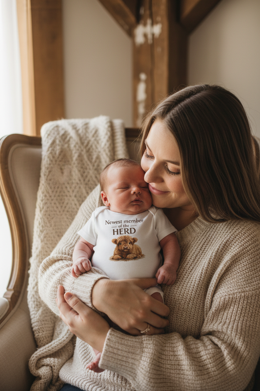 Mom Holding Newborn in White Newest Member of the Herd Onesie