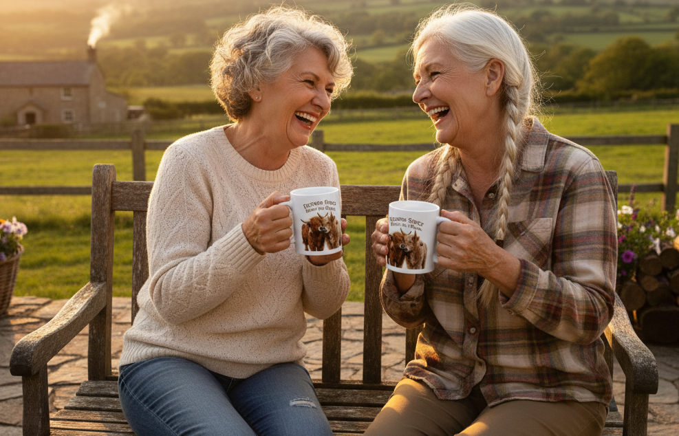 Two Older Friends Chatting on Bench with Mugs